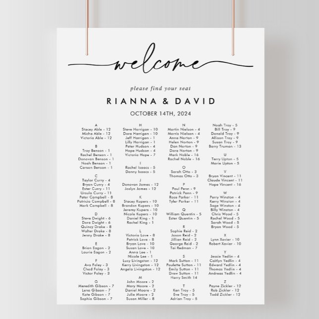 Poster Gráfico de Assentos Alfabéticos Branco Preto (Criador carregado)