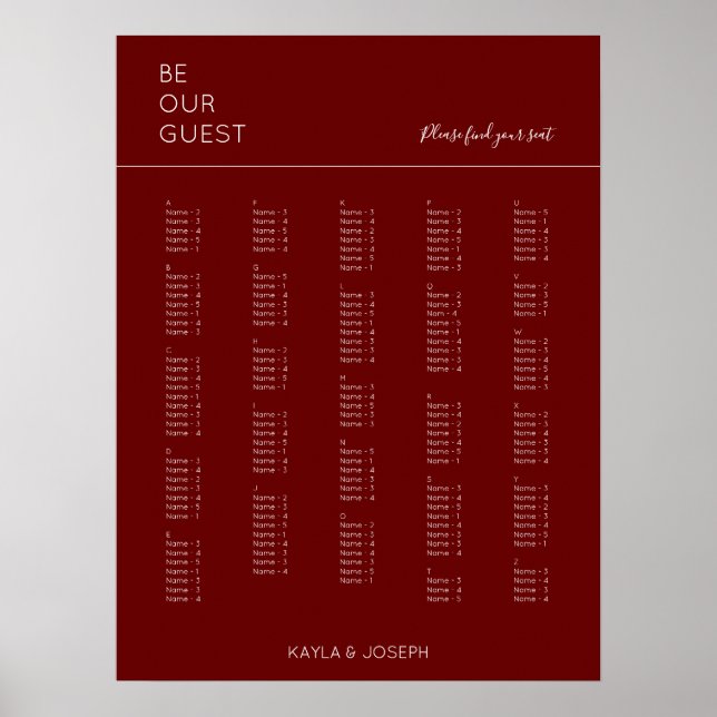 Poster Gráfico de Assentos Alfabéticos Burgundy (Frente)