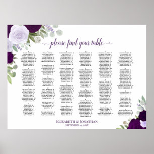 Poster Gráfico de Assentos Alfabéticos de Rosas Roxos