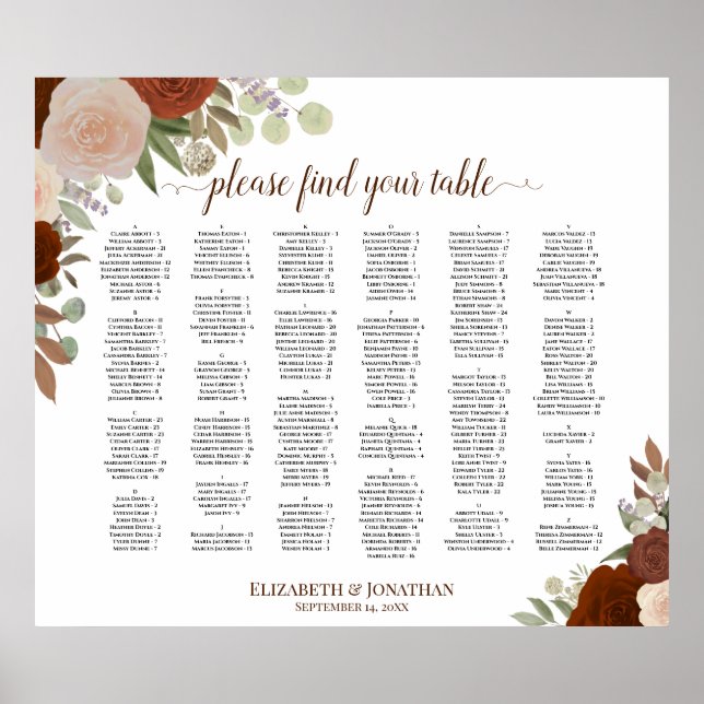 Poster Gráfico de Assentos Alfabéticos dos Rosas Laranja  (Frente)