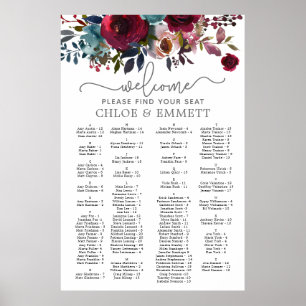 Poster Gráfico de Assentos Alfabéticos Florais Vermelha