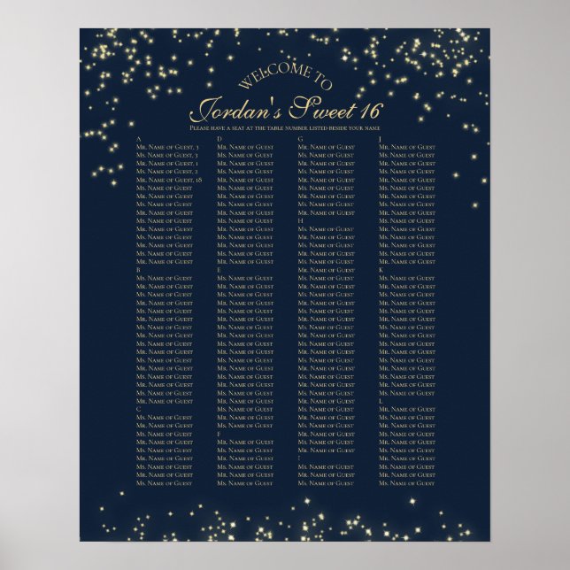 Poster Gráfico de Assentos Alfabéticos Noturnos de Starry (Frente)