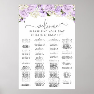 Poster Gráfico de Assentos Alfabéticos Purple Floral