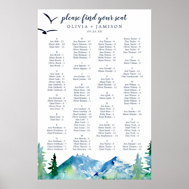 Poster Gráfico de Assentos Alfabéticos Rocky Mountain (Frente)