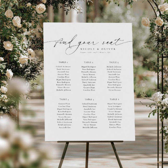 Poster Gráfico de Assentos Bem-vindos 6 Mesas Modern Scri (Modern Script 6 Tables Welcome Seating Chart, Wedding sign)