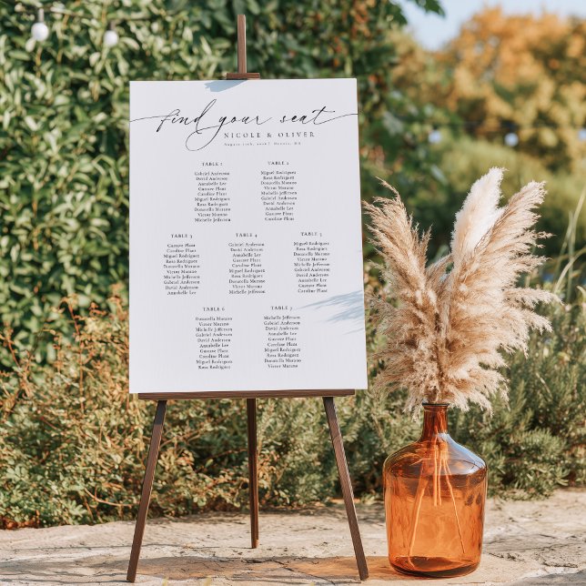 Poster Gráfico de Assentos Bem-vindos 7 Mesas Sinal de Ca (Modern Script 8 Tables Welcome Seating Chart, Wedding Sign)