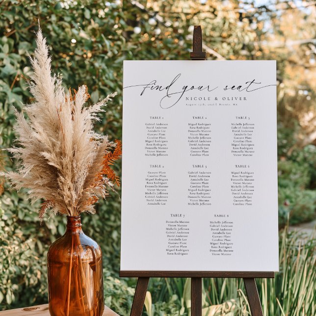 Poster Gráfico de Assentos Bem-vindos 8 Mesas Modern Scri (Modern Script 8 Tables Welcome Seating Chart, Wedding Sign)