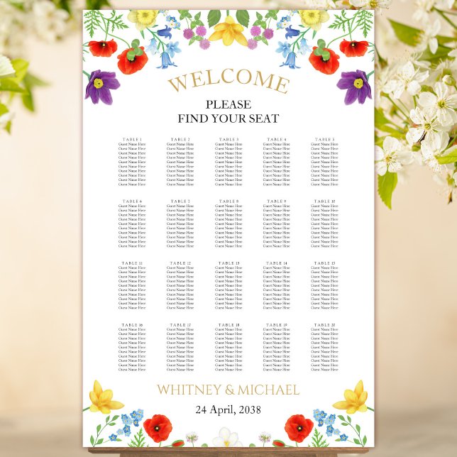 Poster Gráfico de Assentos Brancos de primavera Wildflowe (Spring Wildflower White Wedding Seating Chart)