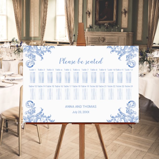 Poster Gráfico de Assentos com Florescer de Aquarela Azul (Soft royal blue flourish seating chart.)