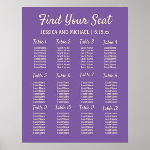 Poster Gráfico de Assentos da Recepção de Casamento Roxo