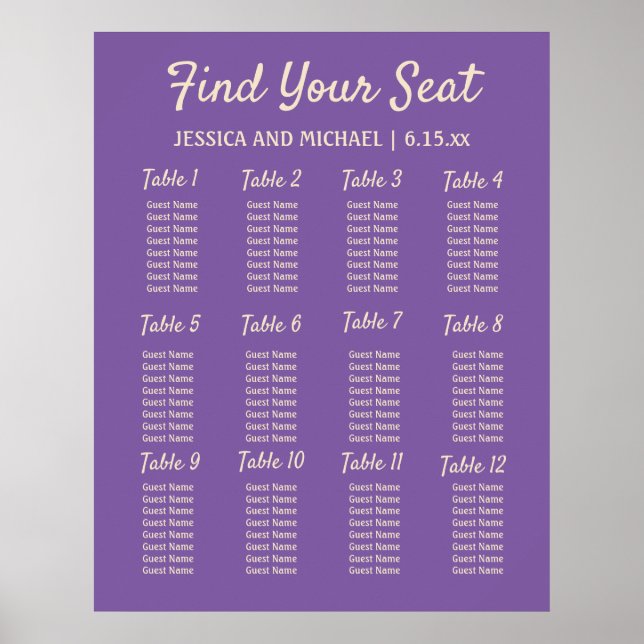 Poster Gráfico de Assentos da Recepção de Casamento Roxo (Frente)