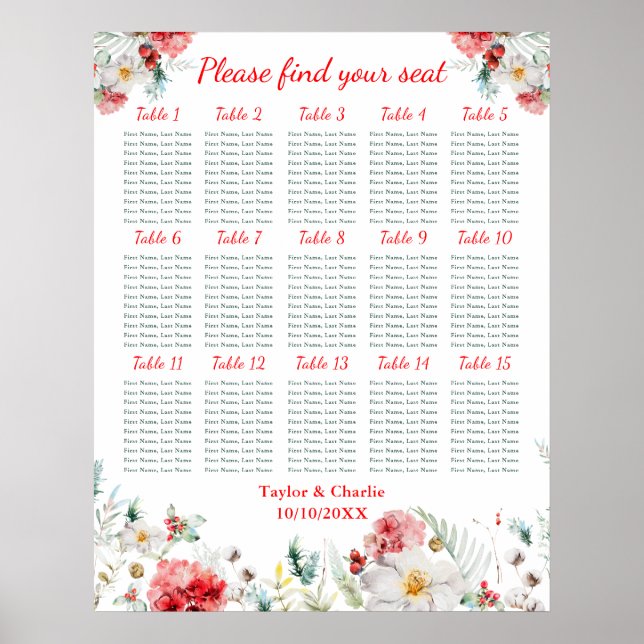 Poster Gráfico de Assentos de 15 Mesas para Casamento Flo (Frente)
