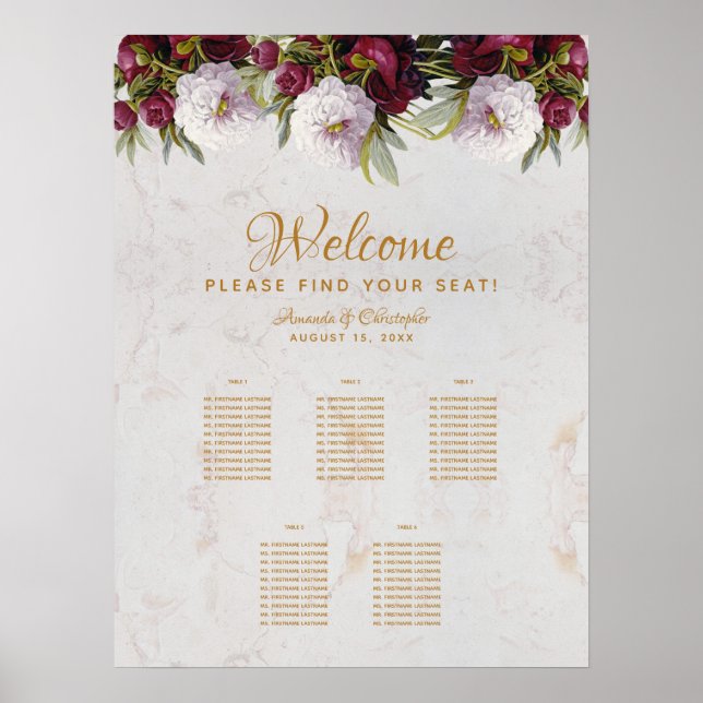 Poster Gráfico de Assentos de 5 Mesas Mármore Burgundy Pe (Frente)