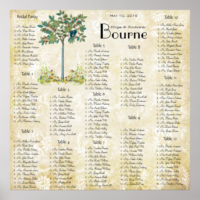 Poster Gráfico de Assentos de Aves da Árvore de Fruta Vin (Frente)