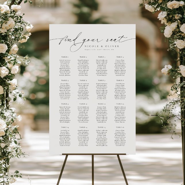 Poster Gráfico de Assentos de Boas-Vindas com 16 Mesas em (Modern Script 16 Tables Welcome Seating Chart, Seating Plan)