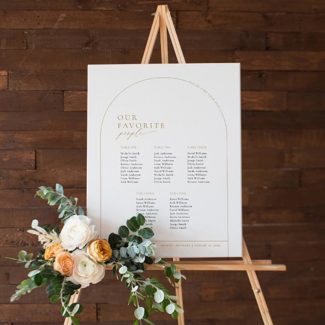 Poster Gráfico de Assentos de Boas-Vindas em 5 Mesas Arco (Elegant Gold Arch Seating Chart Find Your Seat Sign)