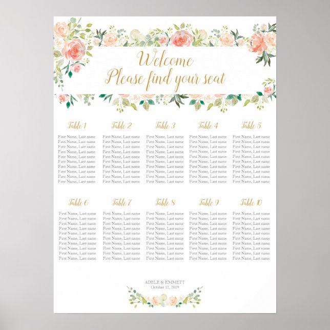 Poster Gráfico de assentos de casamento 10 mesas | ROSAS (Frente)