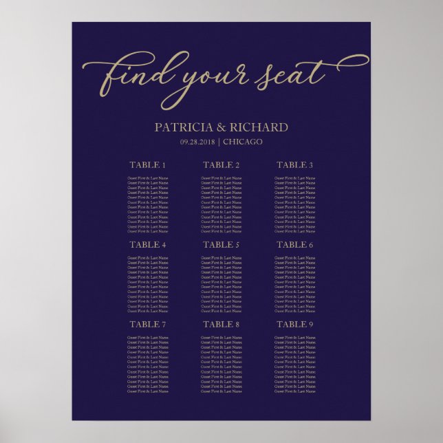 Poster Gráfico de Assentos de Casamento 9 Mesas Chic Dour (Frente)
