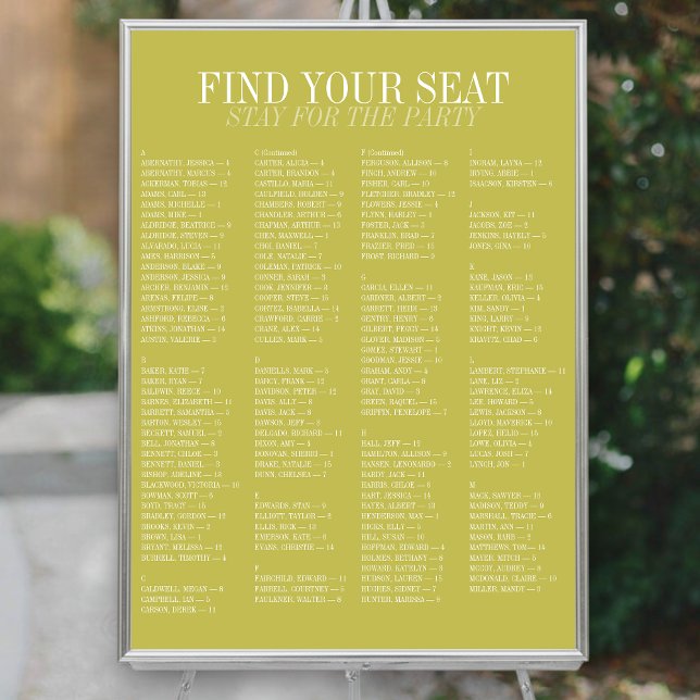 Poster Gráfico de Assentos de Casamento Alfabetico Chartr (Chartreuse Alphabetical Wedding Seating Chart)