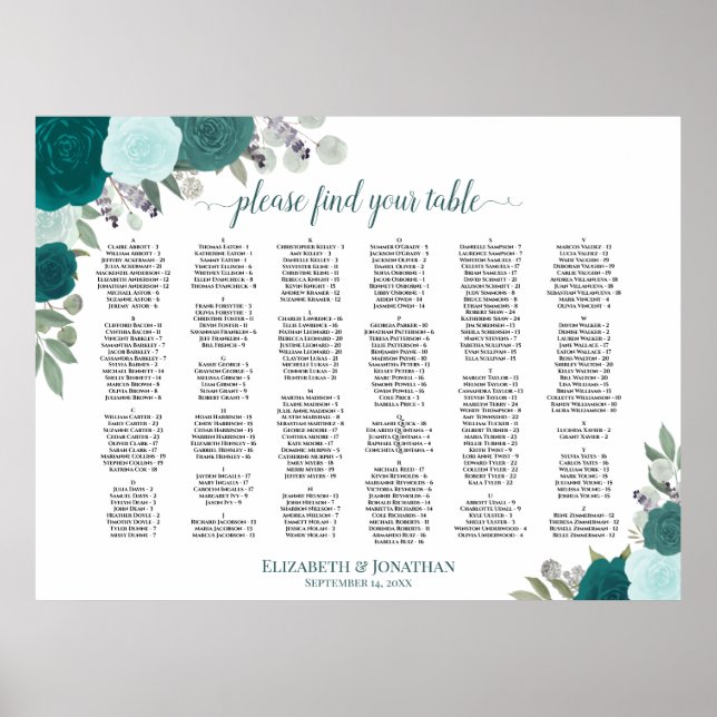Poster Gráfico de Assentos de Casamento Alfabetico Rosas  (Frente)