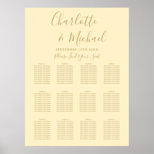 Poster Gráfico de Assentos de Casamento Amarelo e Dourado (Frente)