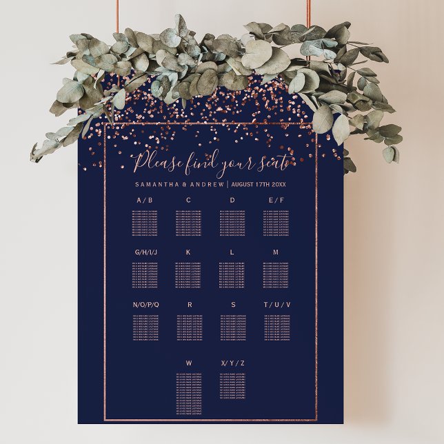 Poster gráfico de assentos de casamento azul marinho conf (Rose gold confetti navy blue wedding seating chart)