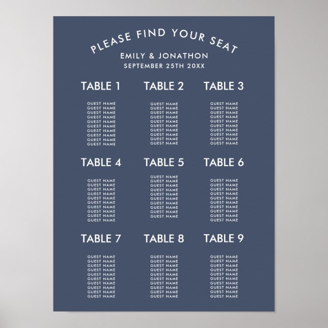 Poster Gráfico de Assentos de Casamento Azul Naval Simple (Frente)