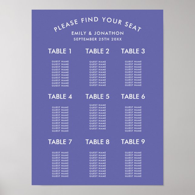 Poster Gráfico de Assentos de Casamento Azul Simples (Frente)