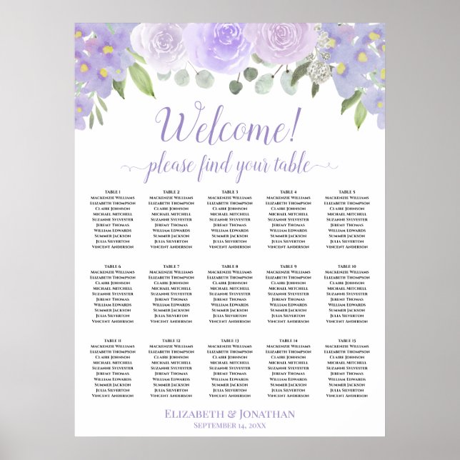 Poster Gráfico de Assentos de Casamento Boho com 15 Mesas (Frente)