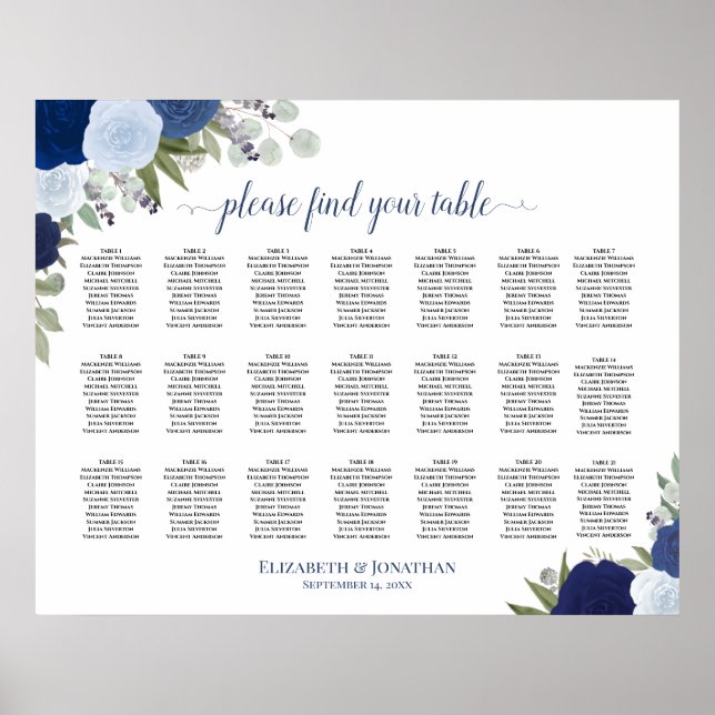 Poster Gráfico de Assentos de Casamento Boho Floral Azul  (Frente)