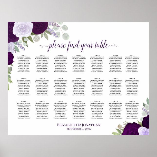 Poster Gráfico de Assentos de Casamento Boho Floral Roxo  (Frente)