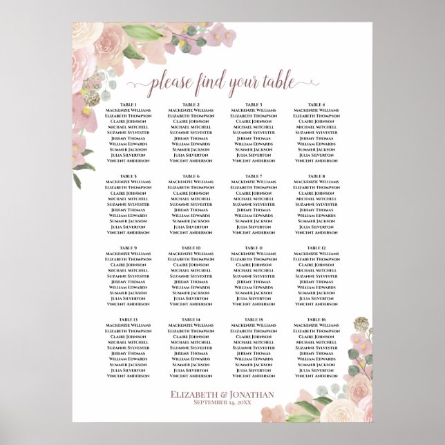 Poster Gráfico de Assentos de Casamento Boho Rosa Floral  (Frente)