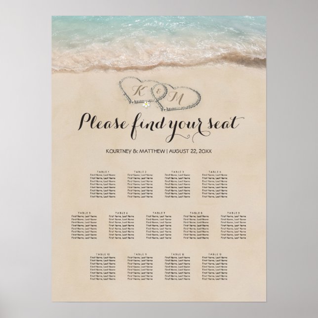 Poster Gráfico de Assentos de Casamento Cardíaco de Praia (Frente)