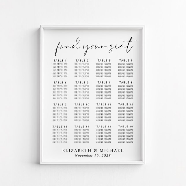 Poster Gráfico de Assentos de Casamento Chic 16 Mesas (Criador carregado)