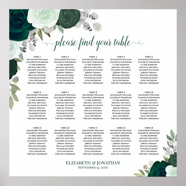Poster Gráfico de Assentos de Casamento Chic com 15 Mesas (Frente)