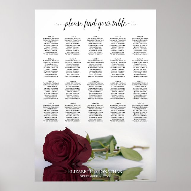 Poster Gráfico de Assentos de Casamento Chic Mesa 20 (Frente)