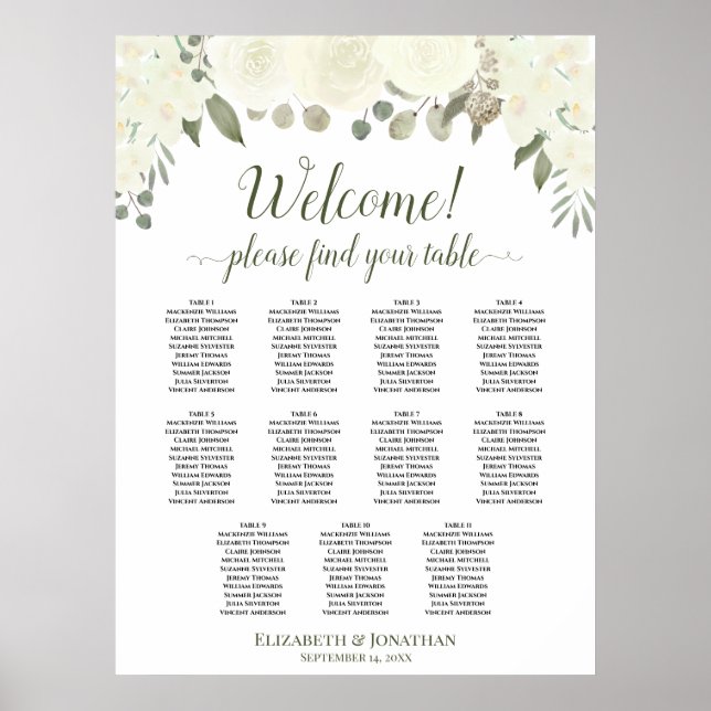 Poster Gráfico de Assentos de Casamento com 11 Mesas de R (Frente)