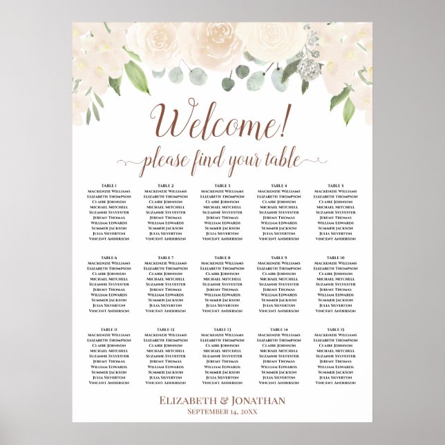 Poster Gráfico de Assentos de Casamento com 15 Mesas Rosa (Frente)