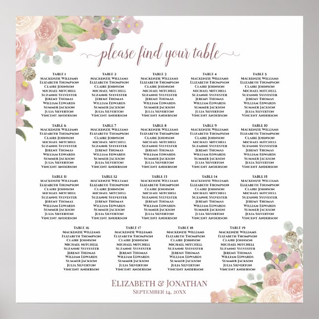 Poster Gráfico de Assentos de Casamento com 19 Mesas Flor (Frente)