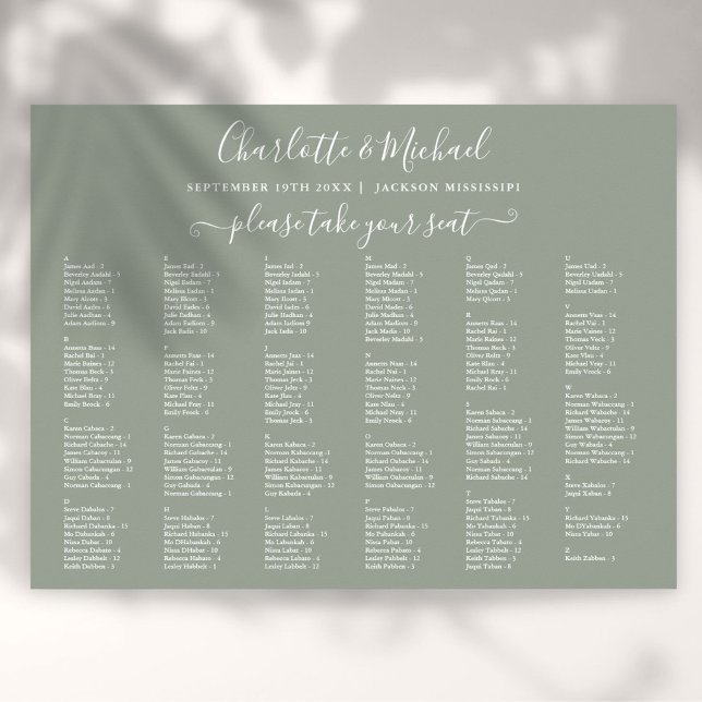 Poster Gráfico de Assentos de Casamento com 200 Nomes em  (Sage Green 200 Names Wedding Seating Chart)