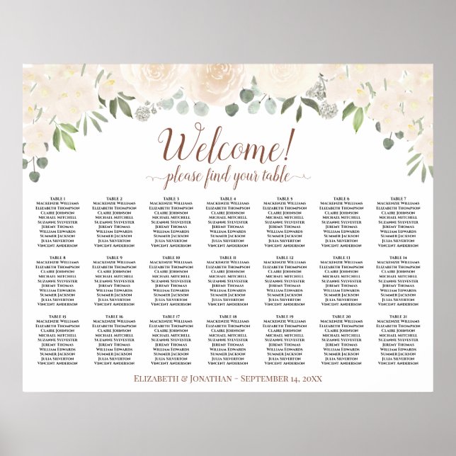 Poster Gráfico de Assentos de Casamento com 21 Mesas de R (Frente)