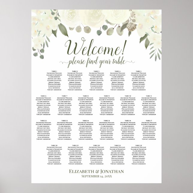 Poster Gráfico de Assentos de Casamento com 22 Mesas de R (Frente)