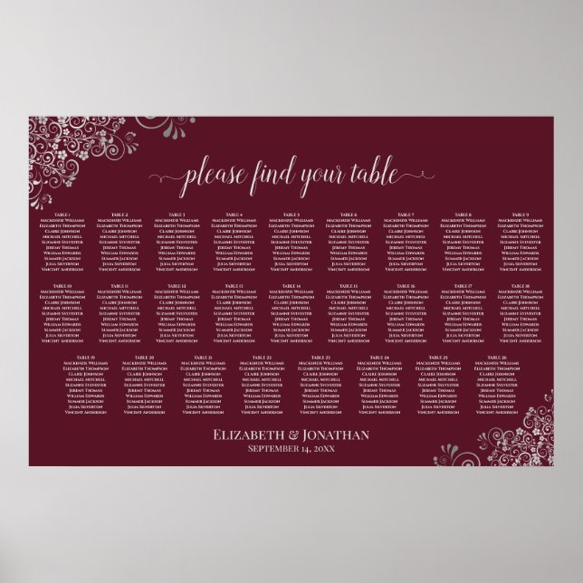 Poster Gráfico de Assentos de Casamento com 26 Mesas em P (Frente)