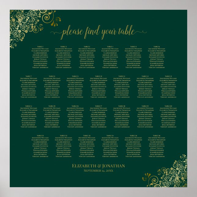 Poster Gráfico de Assentos de Casamento com 26 Mesas Esme (Frente)