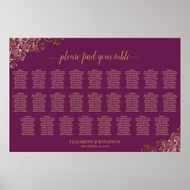 Poster Gráfico de Assentos de Casamento com 26 Mesas Mage (Frente)