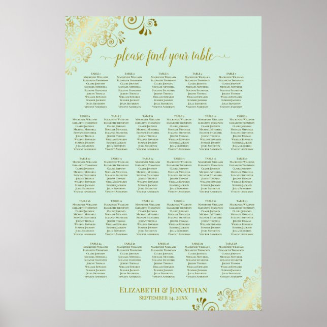 Poster Gráfico de Assentos de Casamento com 28 Mesas em V (Frente)