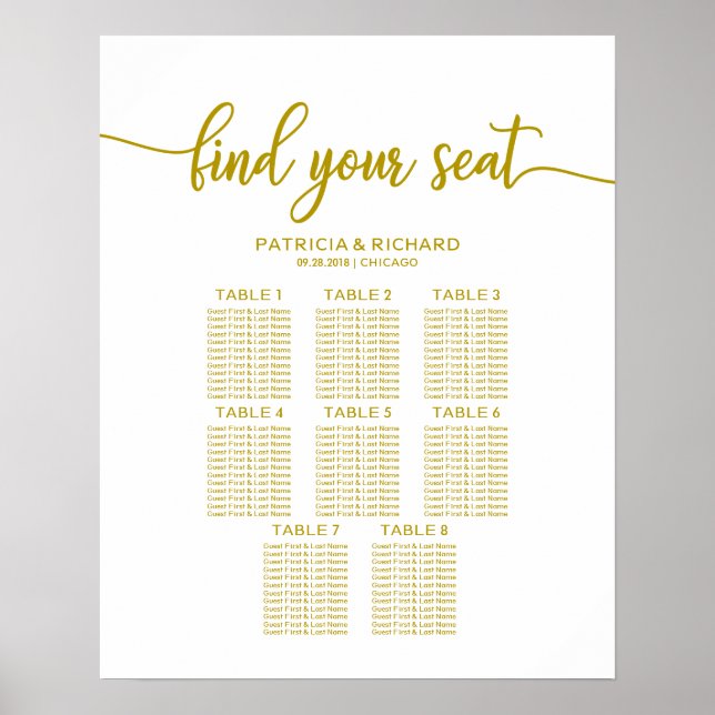 Poster Gráfico de Assentos de Casamento com 8 Mesas Calig (Frente)