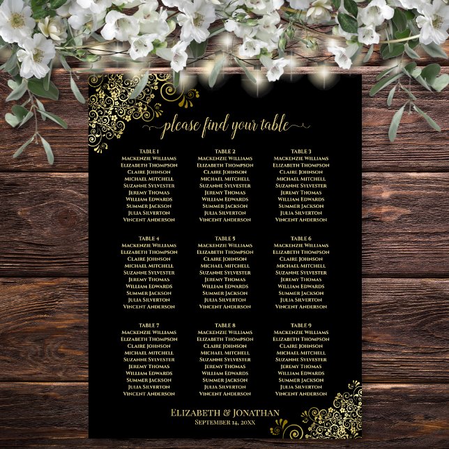 Poster Gráfico de assentos de casamento com 9 mesas Preto (In Situ on Wall with Decorations)