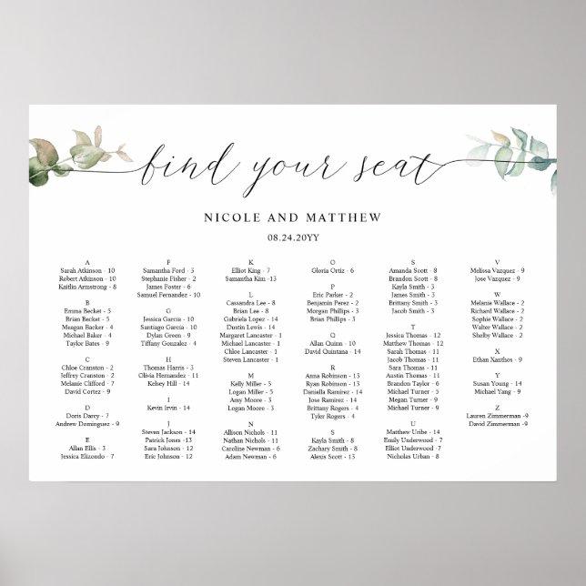 Poster Gráfico de Assentos de Casamento com Alfabetização (Frente)