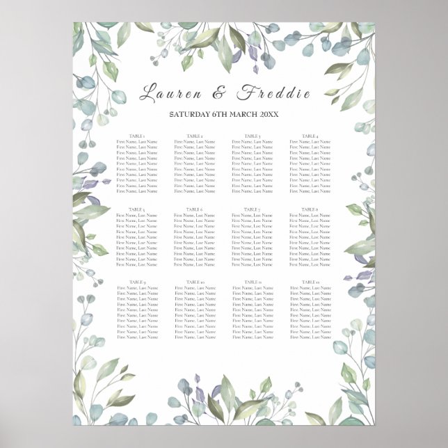Poster Gráfico de Assentos de Casamento com Aquarela Flor (Frente)